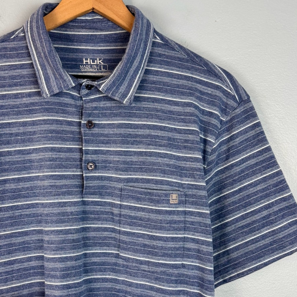 Huk Mens Large Blue Striped Short Sleeve Pocket Performance Stretch Polo Shirt